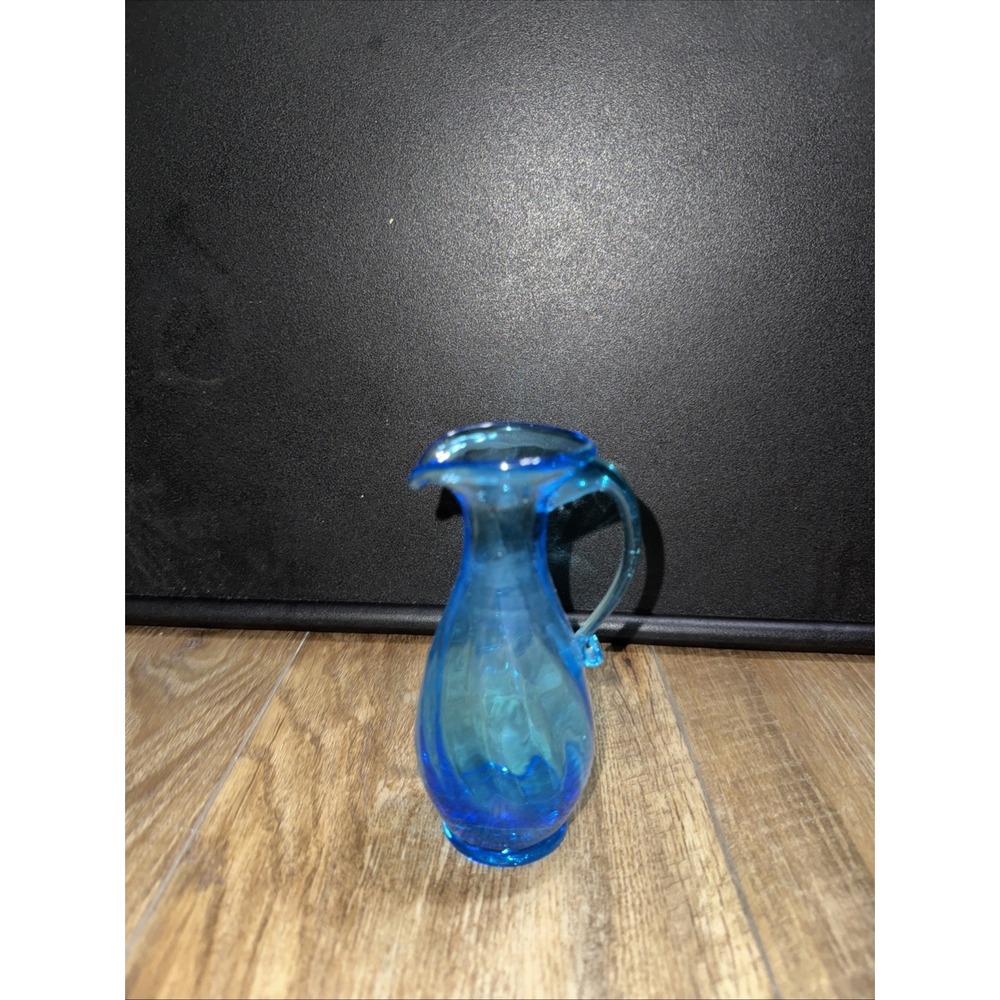 Vintage Italian Hand Blown Art‎ Glass Turquoise Blue Swirl Mini Pitcher (1970s